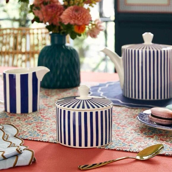 NWT Spode Steccato Covered Sugar Bowl Canister Made in England Blue White Stripe - Picture 3 of 8